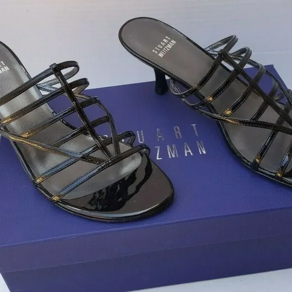 Stuart Weitzman Sandals Slip On Patent Black Strappy CARCEL in Original Box Heel