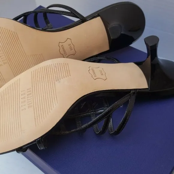 Stuart Weitzman Sandals Slip On Patent Black Strappy CARCEL in Original Box Heel