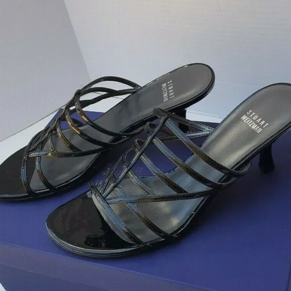Stuart Weitzman Sandals Slip On Patent Black Strappy CARCEL in Original Box Heel