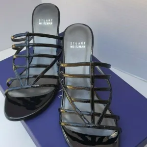 Stuart Weitzman Sandals Slip On Patent Black Strappy CARCEL in Original Box Heel