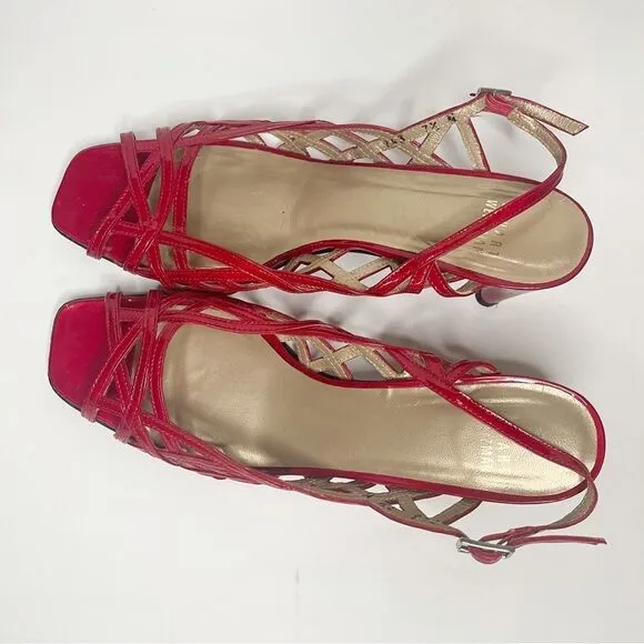 Stuart Weitzman 90s Linner Sandals Red patent Leather Strap y Low Heels …