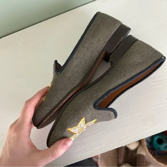 Stubbs &amp; Wootton Gray &amp; Navy Flats with Embroidered Yellow Gold Star