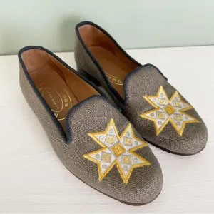 Stubbs &amp; Wootton Gray &amp; Navy Flats with Embroidered Yellow Gold Star
