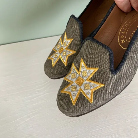 Stubbs &amp; Wootton Gray &amp; Navy Flats with Embroidered Yellow Gold Star
