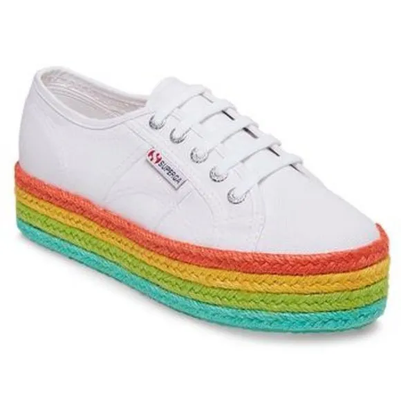 SUPERGA White Canvas Multicolor Platform Sneakers