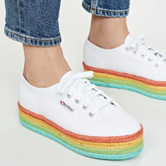 SUPERGA White Canvas Multicolor Platform Sneakers
