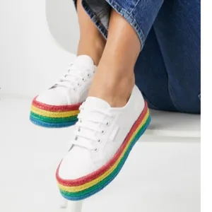SUPERGA White Canvas Multicolor Platform Sneakers