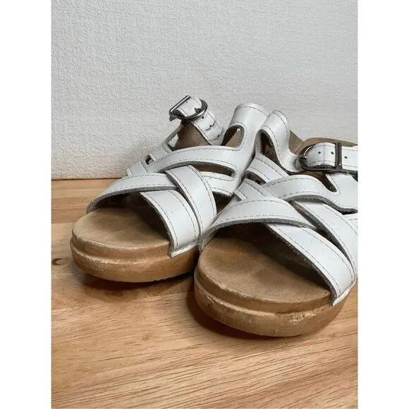 Sven Women’s White Strappy Weave Wooden Swedish Clogs Mules Sandals 38/7.5