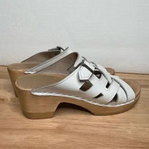 Sven Women’s White Strappy Weave Wooden Swedish Clogs Mules Sandals 38/7.5