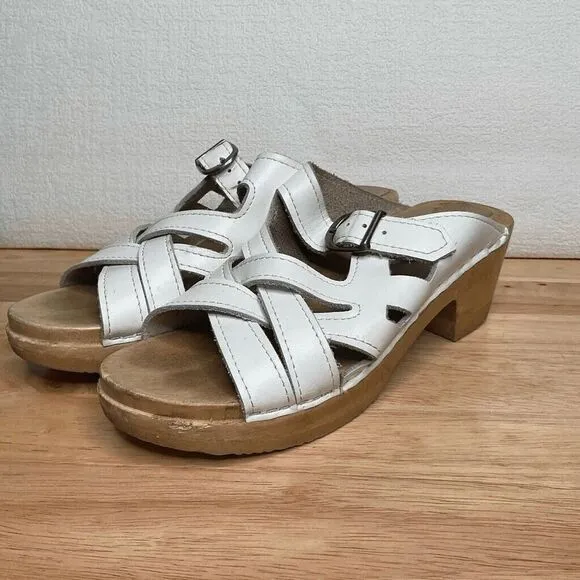 Sven Women’s White Strappy Weave Wooden Swedish Clogs Mules Sandals 38/7.5
