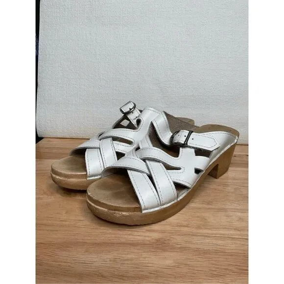 Sven Women’s White Strappy Weave Wooden Swedish Clogs Mules Sandals 38/7.5