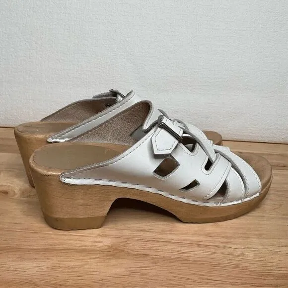 Sven Women’s White Strappy Weave Wooden Swedish Clogs Mules Sandals 38/7.5