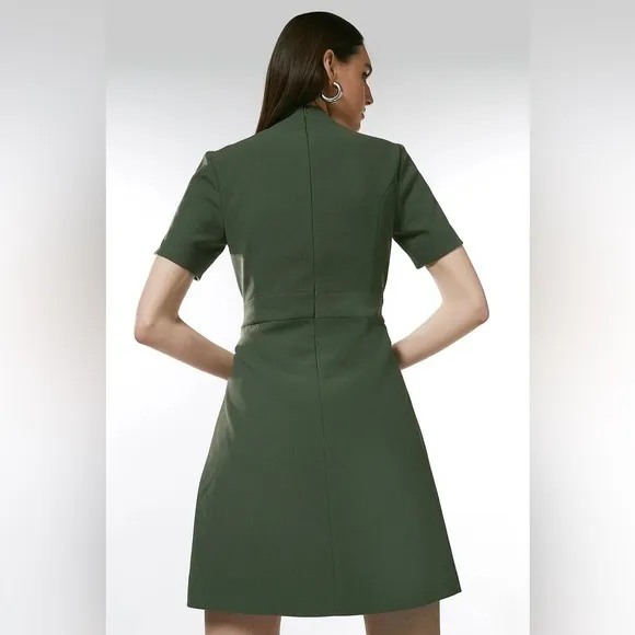 Tailored Military Pleat Notch Neck Wrap Mini Dress in “Khaki”