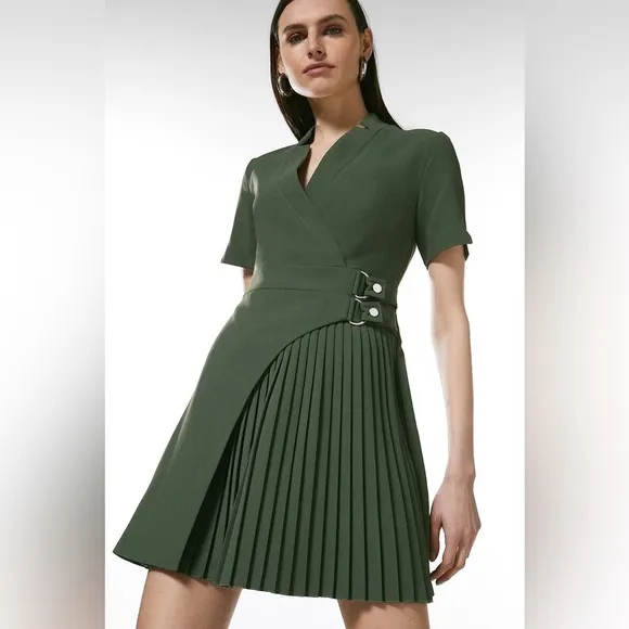 Tailored Military Pleat Notch Neck Wrap Mini Dress in “Khaki”