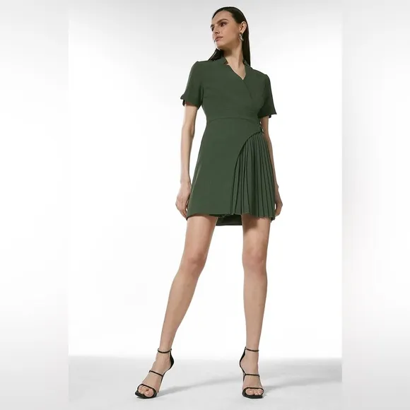 Tailored Military Pleat Notch Neck Wrap Mini Dress in “Khaki”
