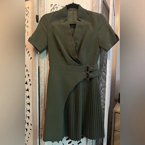 Tailored Military Pleat Notch Neck Wrap Mini Dress in “Khaki”