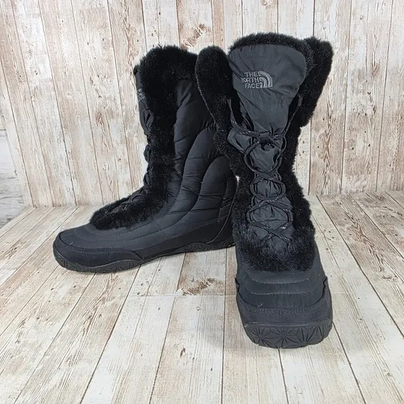 The North Face Snow Boots Faux Fur Winter Boots Black Lace Up Women's 9