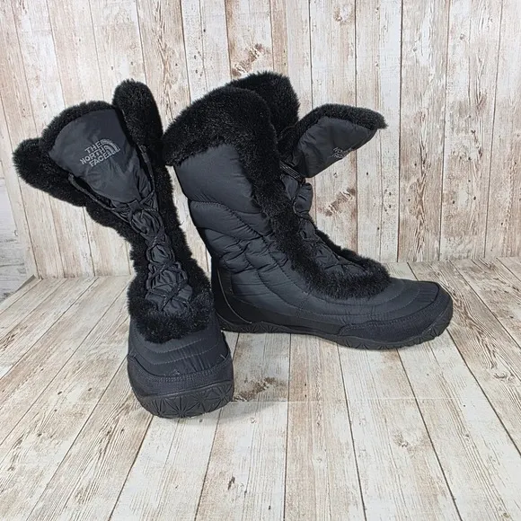 The North Face Snow Boots Faux Fur Winter Boots Black Lace Up Women's 9