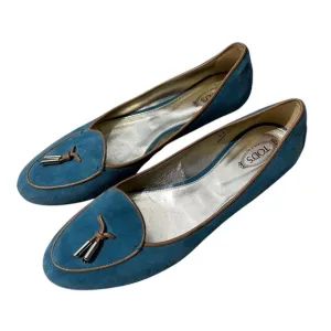 Tod’s Light Blue Suede With Tan Leather Trim Tassel Front Size 42 Loafers.