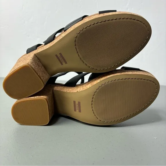 Toms Ava Women's Black Heel Sandals Cork Chunky NWT Size 11 Strappy Ankle Buckle