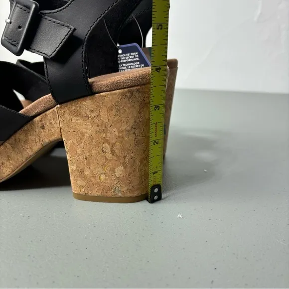 Toms Ava Women's Black Heel Sandals Cork Chunky NWT Size 11 Strappy Ankle Buckle