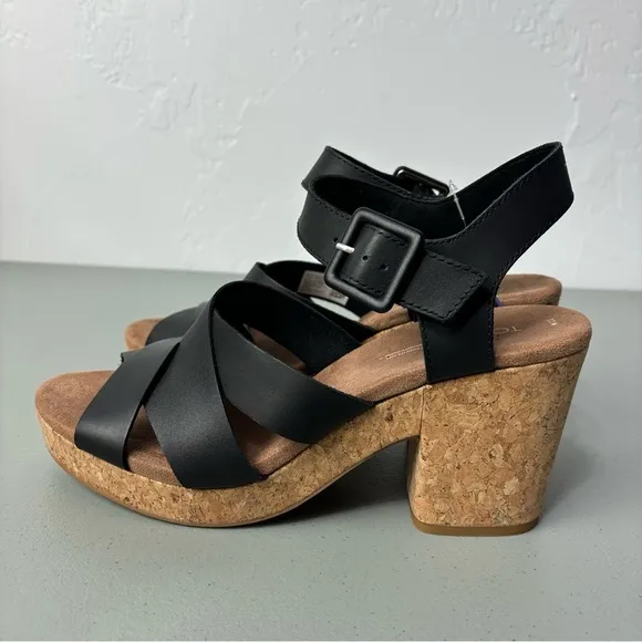 Toms Ava Women's Black Heel Sandals Cork Chunky NWT Size 11 Strappy Ankle Buckle