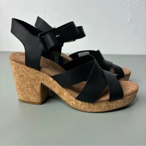 Toms Ava Women's Black Heel Sandals Cork Chunky NWT Size 11 Strappy Ankle Buckle