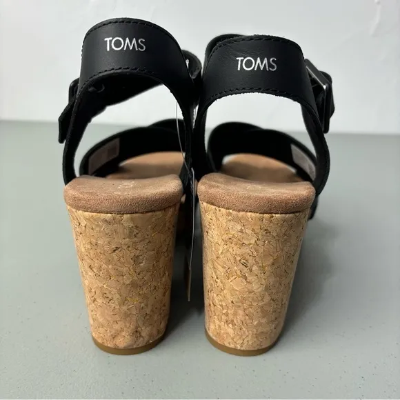 Toms Ava Women's Black Heel Sandals Cork Chunky NWT Size 11 Strappy Ankle Buckle
