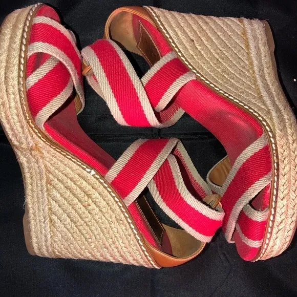 Tory Burch Adonis Red &amp; Tan Wedge Platform Espadrilles Open Toe Size 7
