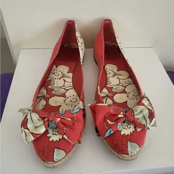 Tory Burch &quot;Tasmin&quot; Floral Print Canvas Jute Sole Flat Espadrilles Sz.7 $218