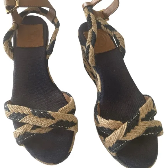 Tory Burch Blue Tan Camelia Espadrille Wedges with Adjustable Straps size 6