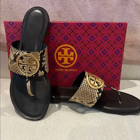Tory Burch Brown/Gold Snake Print Benton Band Flat Sandals Brand new in the box.