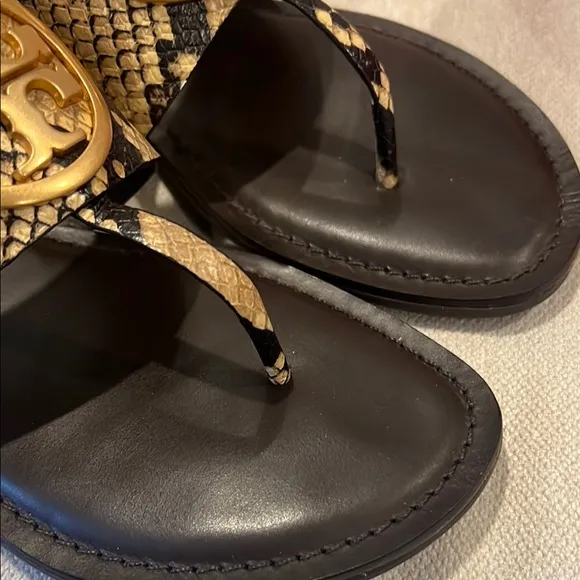 Tory Burch Brown/Gold Snake Print Benton Band Flat Sandals Brand new in the box.