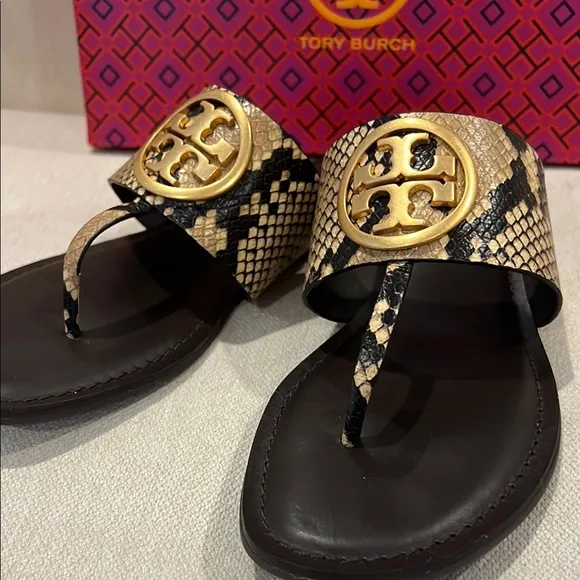Tory Burch Brown/Gold Snake Print Benton Band Flat Sandals Brand new in the box.