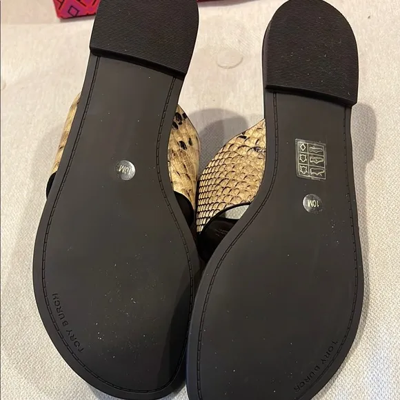 Tory Burch Brown/Gold Snake Print Benton Band Flat Sandals Brand new in the box.