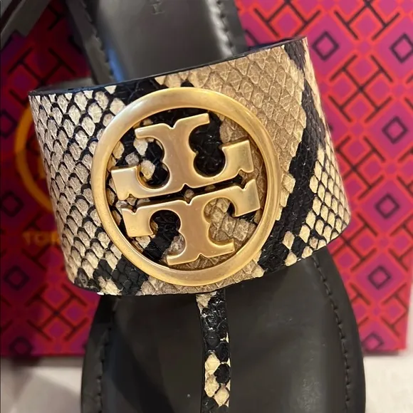 Tory Burch Brown/Gold Snake Print Benton Band Flat Sandals Brand new in the box.