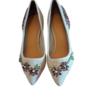 Tory Burch Canvas Embellished Rhinestone Jeweled Flats with Pointed toe
