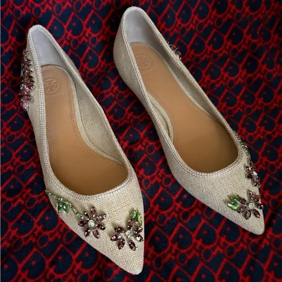 Tory Burch Canvas Embellished Rhinestone Jeweled Flats with Pointed toe