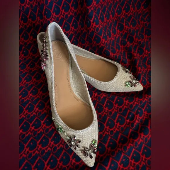 Tory Burch Canvas Embellished Rhinestone Jeweled Flats with Pointed toe