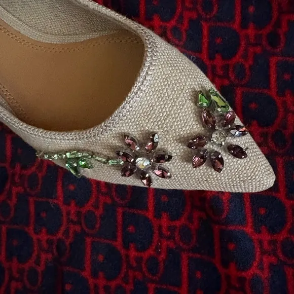 Tory Burch Canvas Embellished Rhinestone Jeweled Flats with Pointed toe