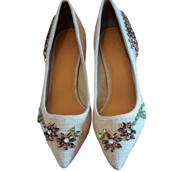 Tory Burch Canvas Embellished Rhinestone Jeweled Flats with Pointed toe