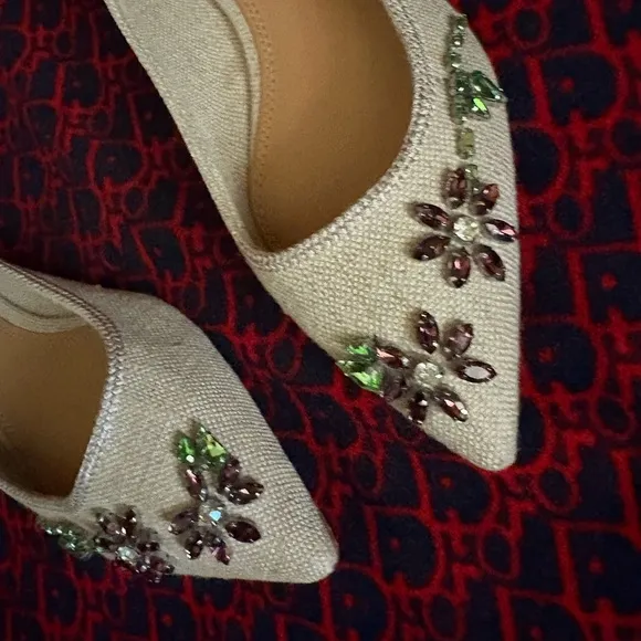 Tory Burch Canvas Embellished Rhinestone Jeweled Flats with Pointed toe