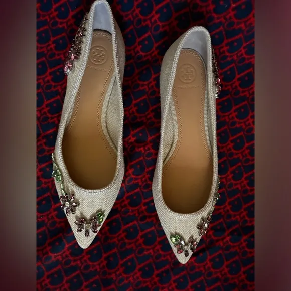 Tory Burch Canvas Embellished Rhinestone Jeweled Flats with Pointed toe