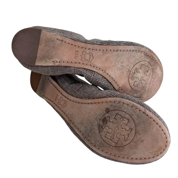 TORY BURCH Caroline Tan/Gold Fabric Ballet Flats Sz 8.5