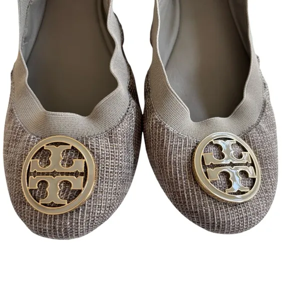 TORY BURCH Caroline Tan/Gold Fabric Ballet Flats Sz 8.5