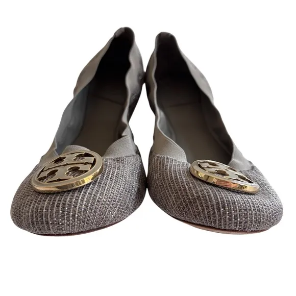 TORY BURCH Caroline Tan/Gold Fabric Ballet Flats Sz 8.5