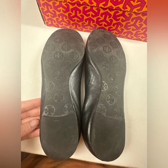 Tory Burch Classic Reva Ballet Flats Black Silver Size 9.5 GUC
