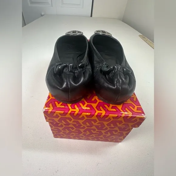 Tory Burch Classic Reva Ballet Flats Black Silver Size 9.5 GUC