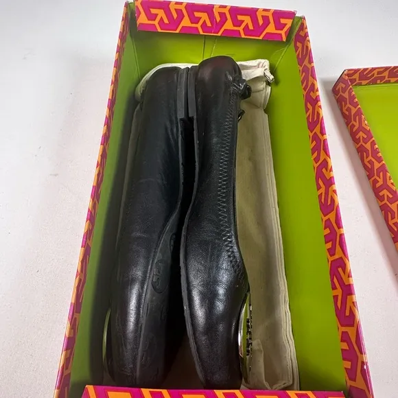 Tory Burch Classic Reva Ballet Flats Black Silver Size 9.5 GUC