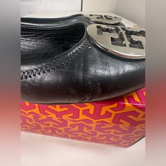 Tory Burch Classic Reva Ballet Flats Black Silver Size 9.5 GUC